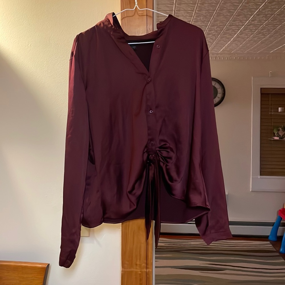 Express XL Burgundy Button Up Blouse with Bottom Tie